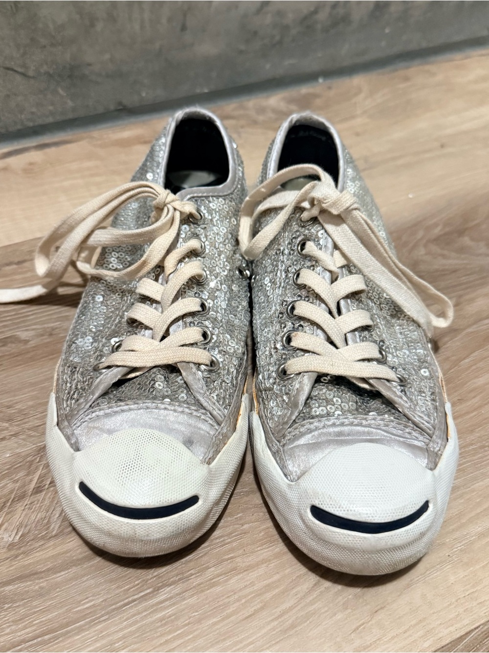 Jack Purcell Converse Silver Sequin Low-Top Sneakers with Cream Laces